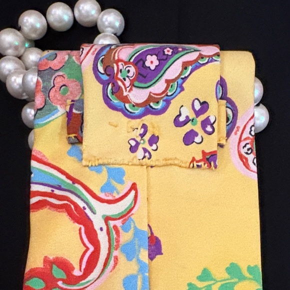 Upcycled Yellow Floral Silk Tie with Pink Silk Roses and Faux Pearl Accents - Picture 5 of 6